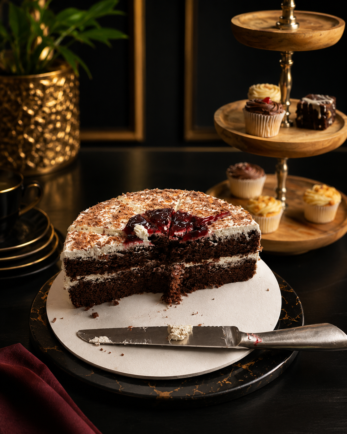 A chocolate layer cake with berry compote, served with cupcakes